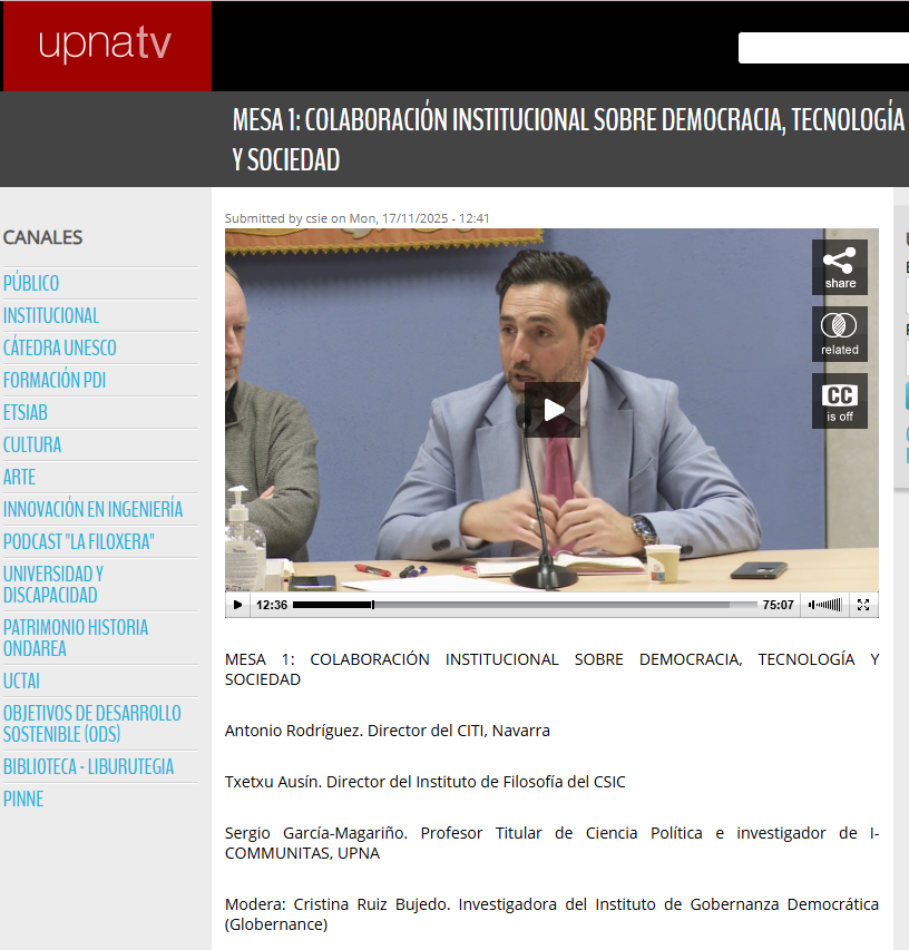 Presentación sobre IA y democracia. Primera jornada sobre tecnología y sociedad, I-COMMUNITAS UPNA